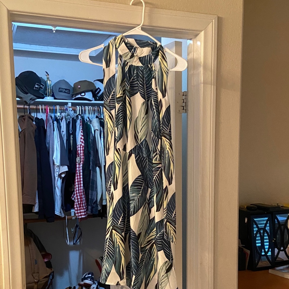 SHEIN Asymmetrical Leaf Print Dress - Blue and Green